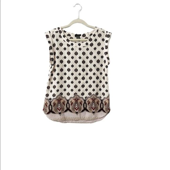 🟢ANN TAYLOR Factory Sleeveless Bohemian Pattern Design Top Blouse Cream Size S - Picture 1 of 5